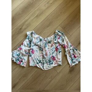 Parker Floral Silk Blouse XS Crisscross Back‎ Ruffle Bell Sleeve Top